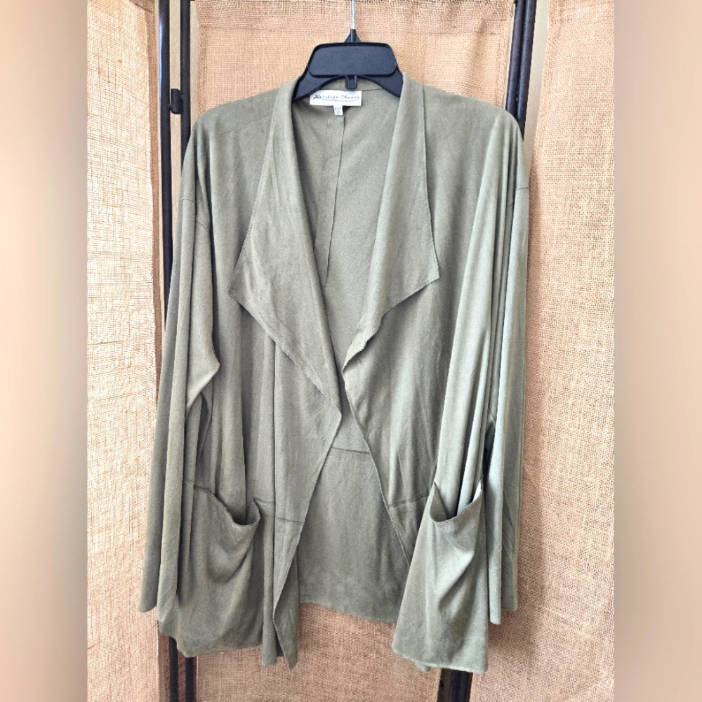 Women's Olive Green Heritage Charm Suede Feel Open Front Cardigan Size XXL